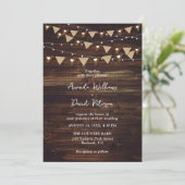 Rustieke houten burlap string verlichting bruiloft kaart (Staand voorkant)