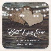 Rustieke houten burlap string verlichting bruiloft kartonnen onderzetters (Voorkant)