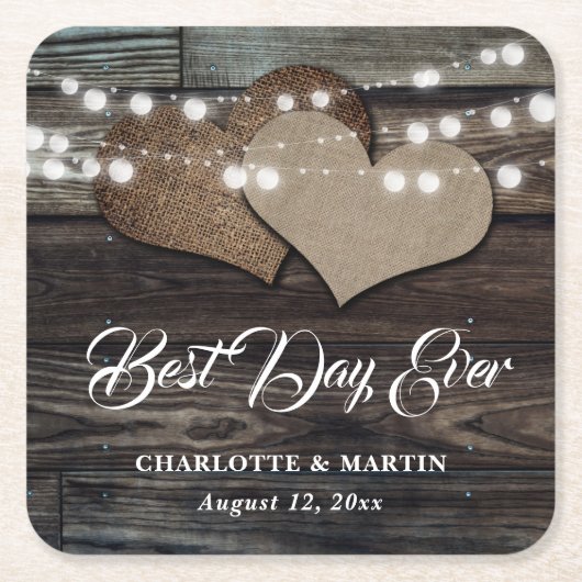 Rustieke houten burlap string verlichting bruiloft kartonnen onderzetters (Voorkant)