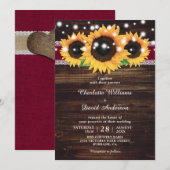 Rustieke houten burlap zonnebloem bordeaux bruilof kaart (Voorkant / Achterkant)