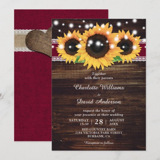 Rustieke houten burlap zonnebloem bordeaux bruilof kaart (Voorkant / Achterkant)