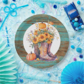 Rustieke houten cowboylaarzen pompoenen Herfst Papieren Bordje (Feest)