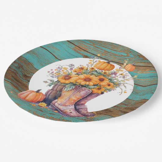 Rustieke houten cowboylaarzen pompoenen Herfst Papieren Bordje (Gekanteld)