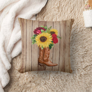 Rustieke Houten Cowgirl Laarzen Zonnebloemen Rode Kussen