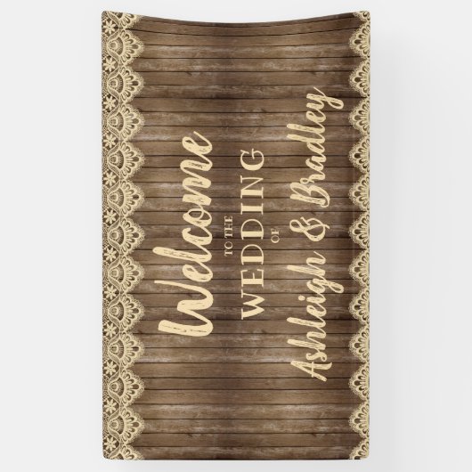 Rustieke houten crème kant bruiloft welkom spandoek (Verticaal)