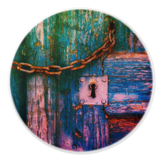 Rustieke houten deur sleutelgat en ketting keramis keramische knop (Voorkant)