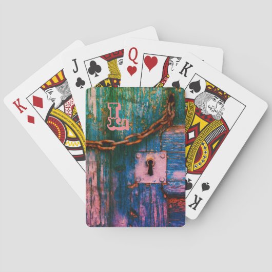 Rustieke houten deur sleutelgat ketting blauw groe pokerkaarten (Achterkant)