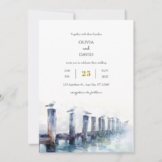 Rustieke houten dok Gulls Ocean Uitzicht Beach Wed Kaart (Voorkant)