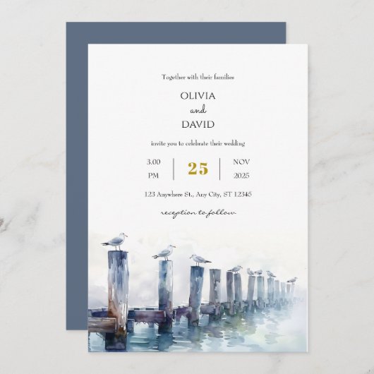 Rustieke houten dok Gulls Ocean Uitzicht Beach Wed Kaart (Voorkant / Achterkant)