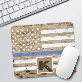 Rustieke houten dunne blauwe lijn USA-vlag monogra Muismat