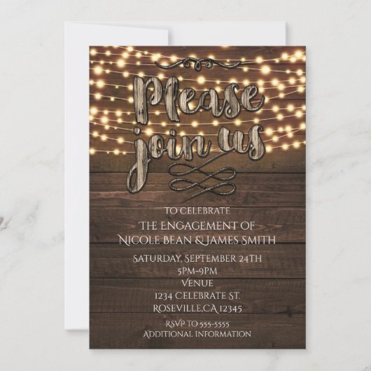 Rustieke Houten Elegant String Lights Uitnodiging (Voorkant)