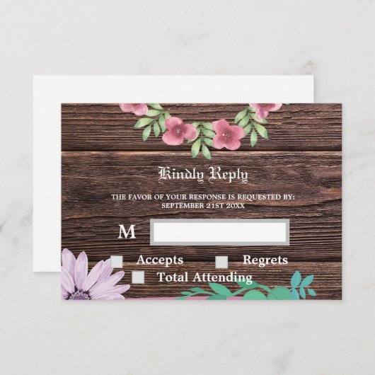 Rustieke houten en bloemige RSVP & Response Kaart (Voorkant / Achterkant)