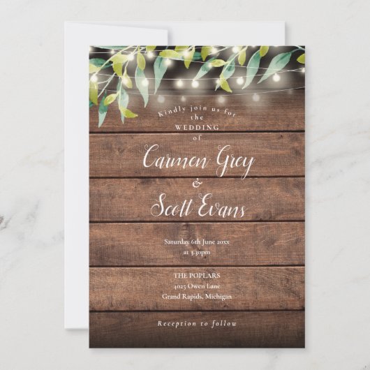 Rustieke Houten Eucalyptus Slingerlichtjes Bruilof Kaart (Voorkant)