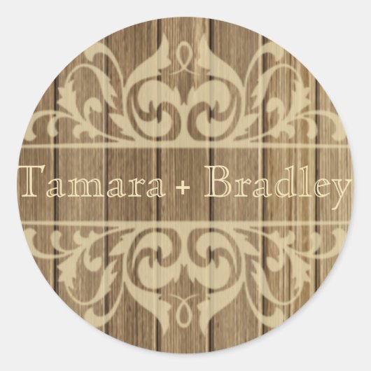 Rustieke houten filigraan ontwerper | bruine kleur ronde sticker (Voorkant)