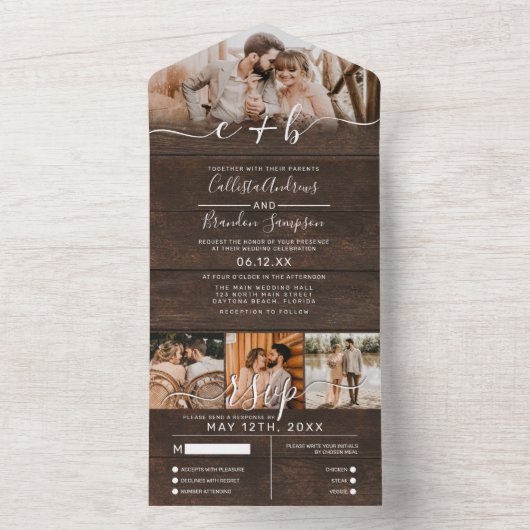 Rustieke Houten Foto Monogram Bruiloft RSVP All In One Uitnodiging (Binnen)