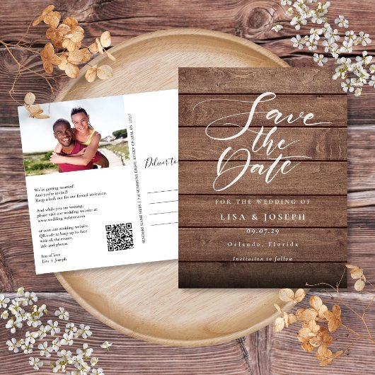 Rustieke houten foto QR-code save the date Briefkaart