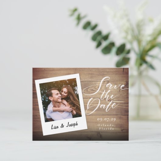 Rustieke Houten Foto Script Save the Date Briefkaart (Staand voorkant)
