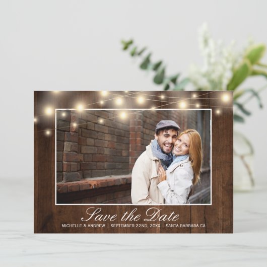 Rustieke houten foto string lichten | De datum ops Save The Date (Staand voorkant)