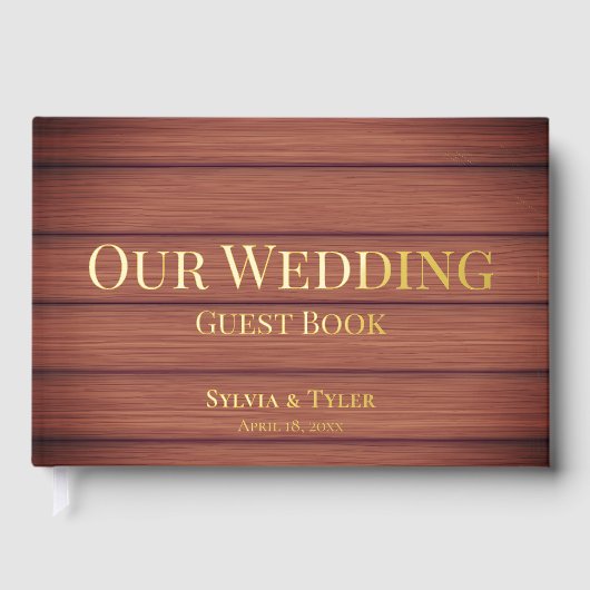 Rustieke houten gebladerte gouden folie bruiloft gastenboek (Voorkant)