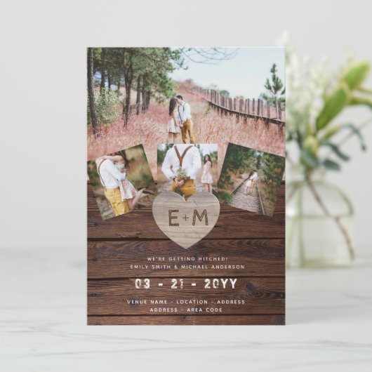 Rustieke Houten Gegraveerde Hart FOTO COLLAGE TROU Kaart (Staand voorkant)