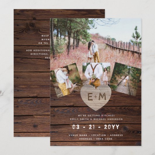 Rustieke Houten Gegraveerde Hart FOTO COLLAGE TROU Kaart (Voorkant / Achterkant)