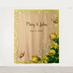 Rustieke Houten Gele Bloemen Vlinder Achtergrond Wandkleed