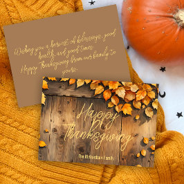 Rustieke Houten Gele Herfstbladeren Familie Thanks Feestdagenkaart