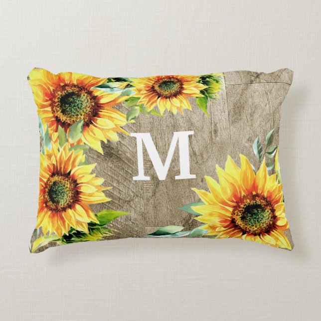 Rustieke houten gele zonnebloemen monogram initiaa accent kussen (Voorkant)