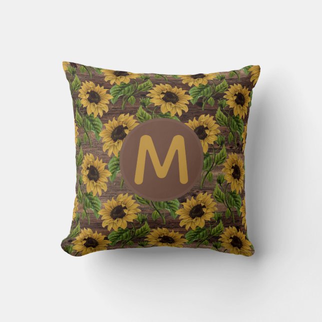 Rustieke houten gele zonnebloemen monogram kussen (Voorkant)