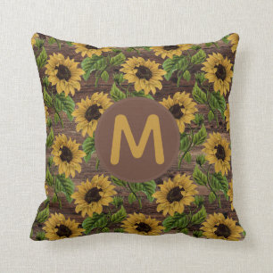 Rustieke houten gele zonnebloemen monogram kussen