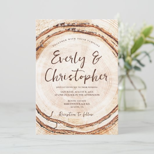 Rustieke houten gesneden plak  bruiloft kaart (Staand voorkant)