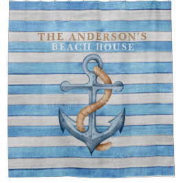 Rustieke Houten Gezins Strandhuis Zeestrepen Douchegordijn