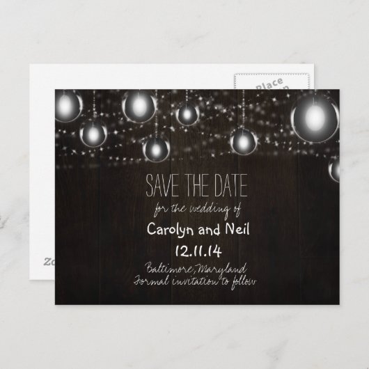 Rustieke houten gloeilampen Save the Date Briefkaa Aankondigingskaart (Voorkant / Achterkant)