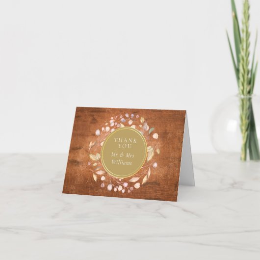 Rustieke Houten Gouden Blad Bruiloft Bedankkaart (Voorkant)