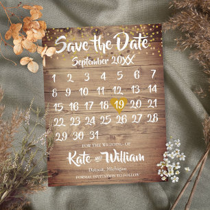 Rustieke Houten Gouden Hart Kalender Bewaar de Dat Aankondigingskaart