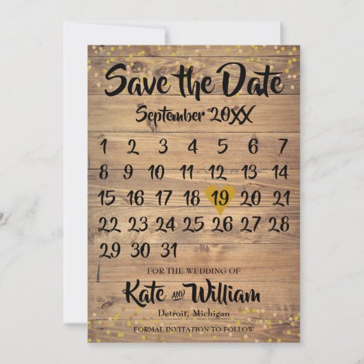 Rustieke Houten Gouden Liefdes Hart Kalender Bewaa Save The Date (Voorkant)