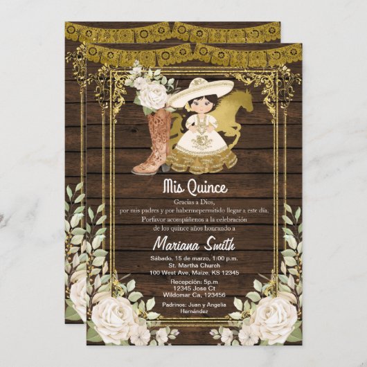 Rustieke houten gouden Mexicaanse Charro Miss Quin Kaart (Voorkant / Achterkant)