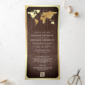 Rustieke Houten Gouden Wereldkaart QR Code Foto Br Drieluik Uitnodiging (Binnen)