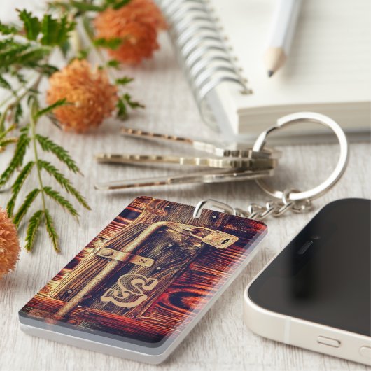 Rustieke houten graandeur antiek messing lock brui sleutelhanger (Voorkant Rechts)