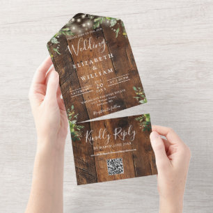 Rustieke Houten Groene Lichtjes QR Code Bruiloft All In One Uitnodiging
