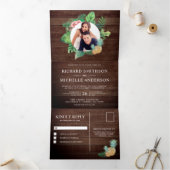 Rustieke Houten Groene Palmbladeren Krans Foto Bru Drieluik Uitnodiging (Binnen)