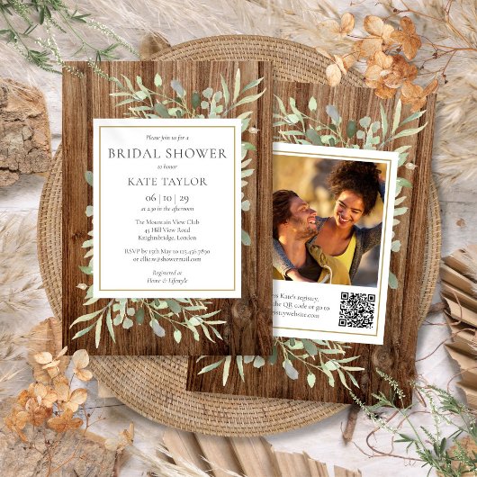 Rustieke houten groene QR-code foto bruidsdouche Kaart