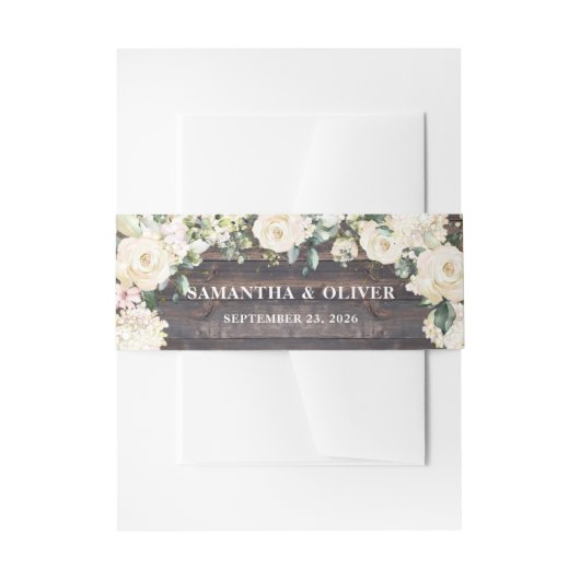 Rustieke houten groene witte rozen bloemige trouwd uitnodigingen wikkel (Voorkant Voorbeeld)