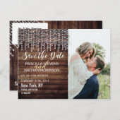 Rustieke Houten Hangende Diamant Lichtjes Bewaar d Aankondigingskaart (Voorkant / Achterkant)