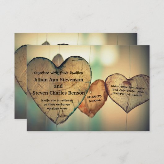 Rustieke houten harten - 3x5 bruiloft uitnodiging (Voorkant / Achterkant)