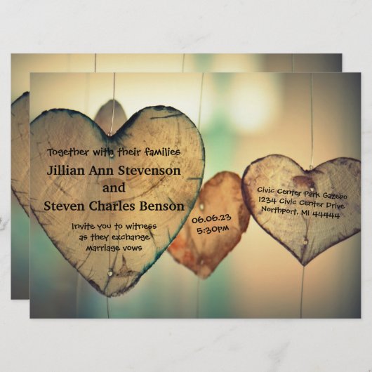 Rustieke houten harten - 6.5 x8.75 bruiloft uitnod kaart (Voorkant / Achterkant)
