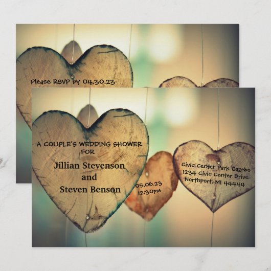 Rustieke houten harten - bruiloft douche uitnodige kaart (Voorkant / Achterkant)