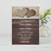 Rustieke Houten Harten Burlap en Kant Bruiloft Kaart (Staand voorkant)