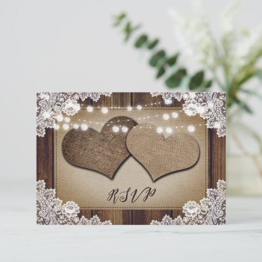 Rustieke Houten Harten Kant Bruiloft RSVP Maaltijd (Staand voorkant)