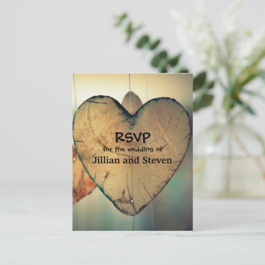 Rustieke houten harten - RSVP Post Kaart (Staand voorkant)
